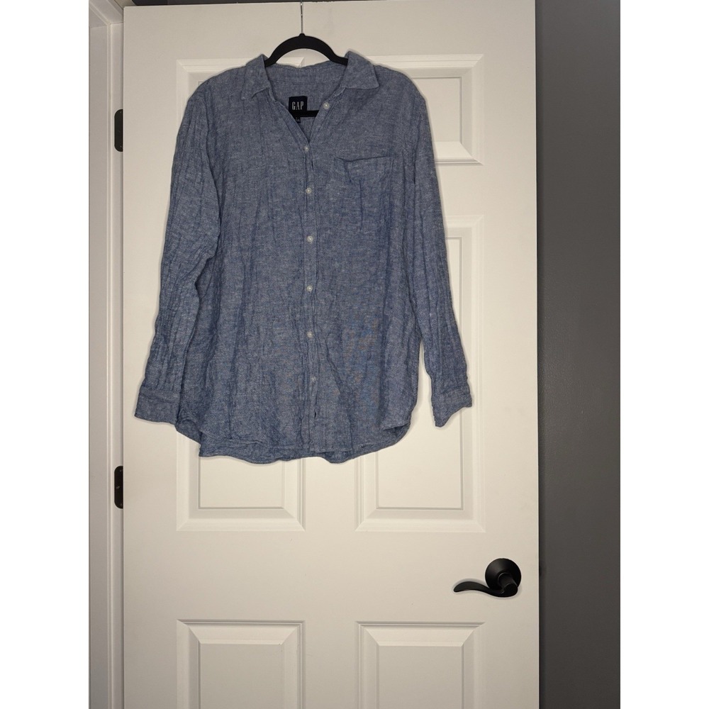 Gap Linen Blend Button Down Shirt Blue White Mix Large